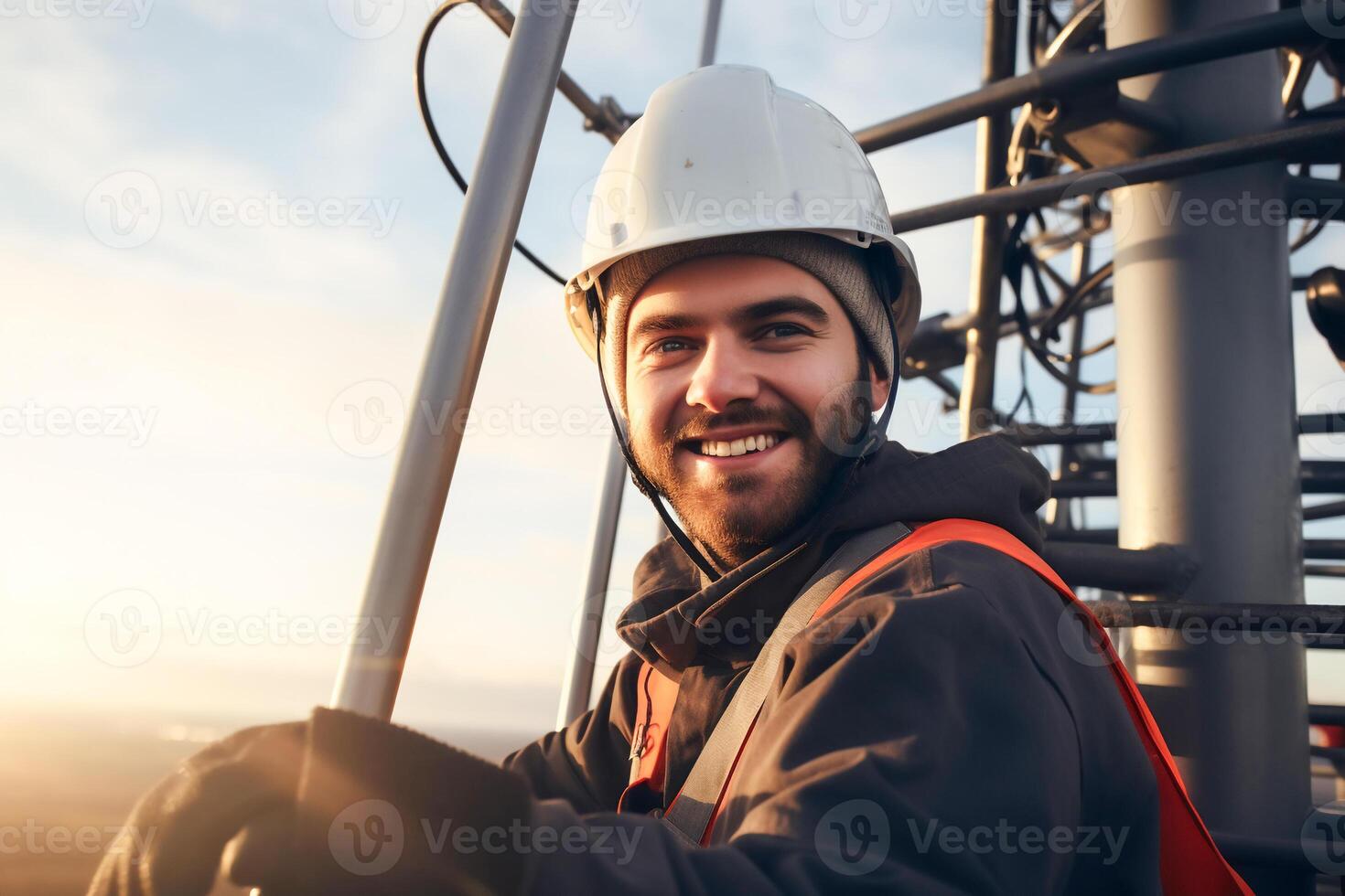 AI generated engineer wearing safety gear working at top of signal antenna.Working at height photo