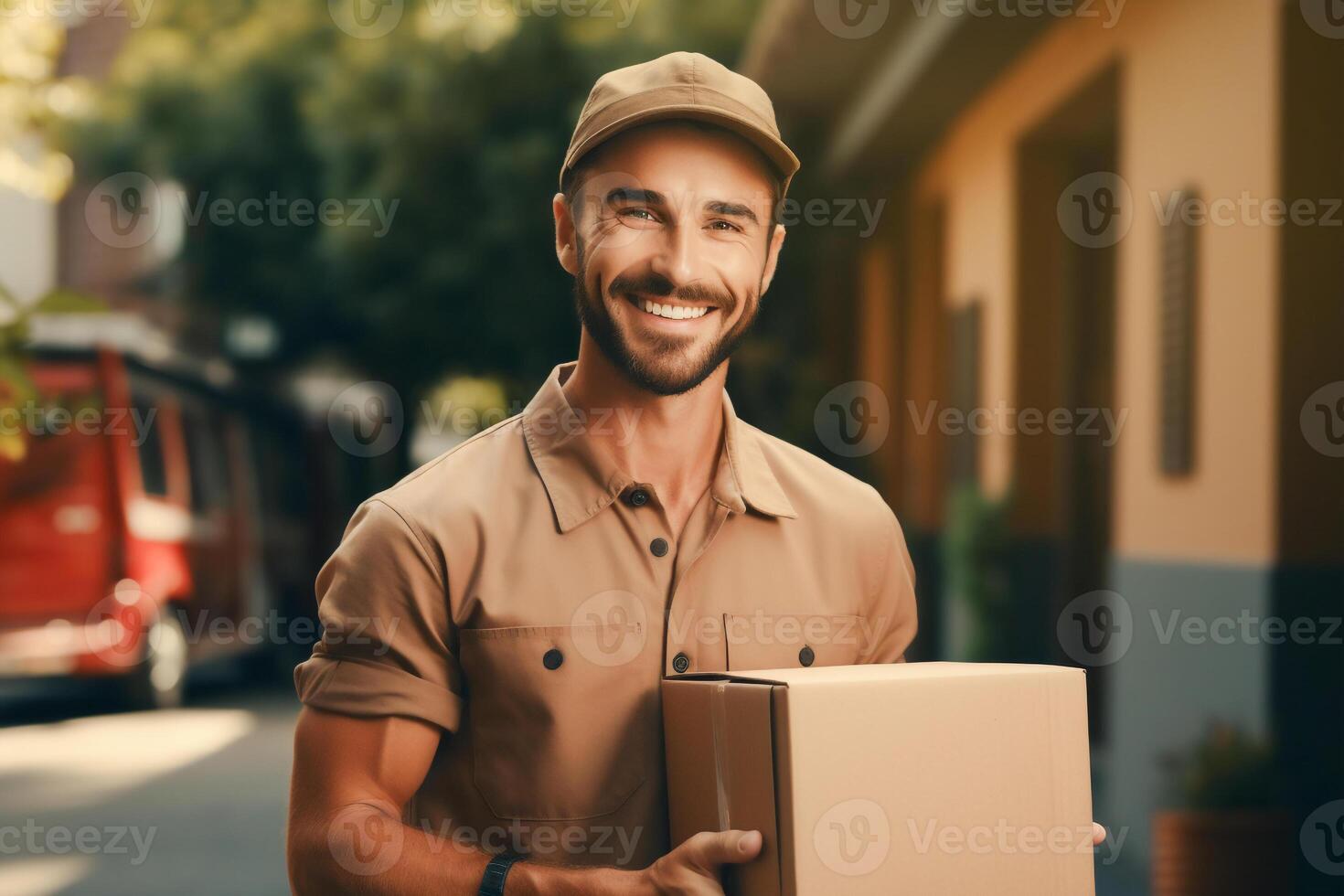 AI generated Young handsome smiling deliveryman delivery parcel . photo