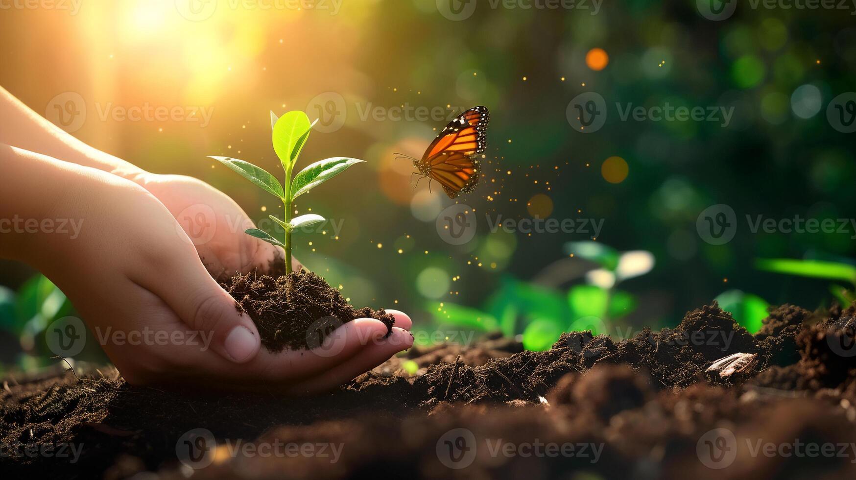 AI generated Two hands holding a little plant with soil ,golden light in the morning environment friendly concept. photo