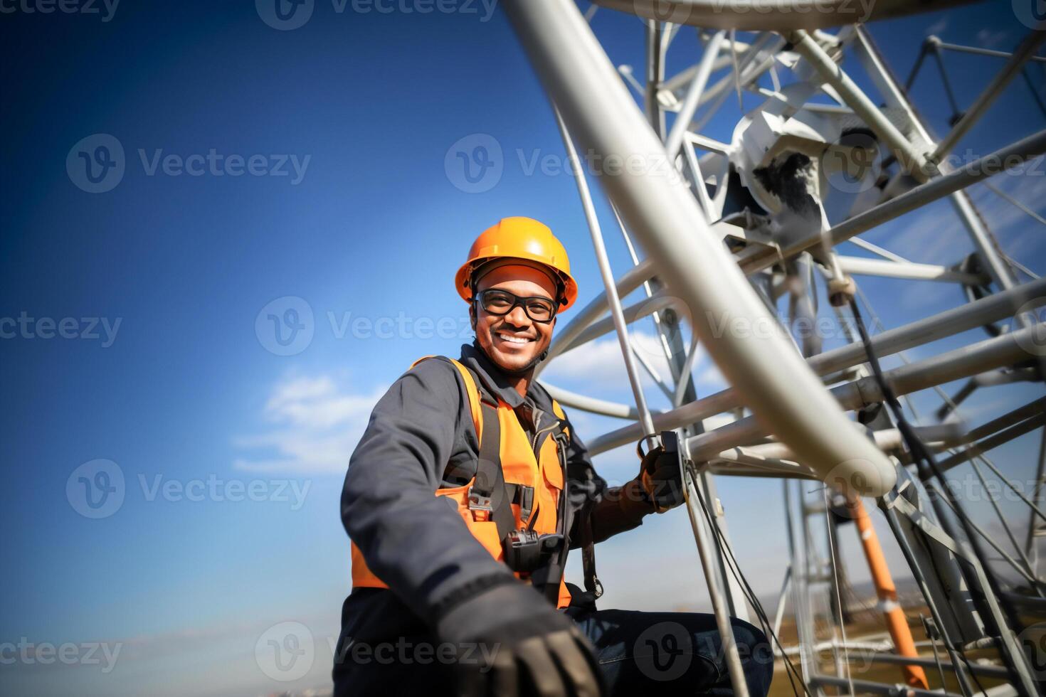 AI generated engineer wearing safety gear working at top of signal antenna.Working at height photo