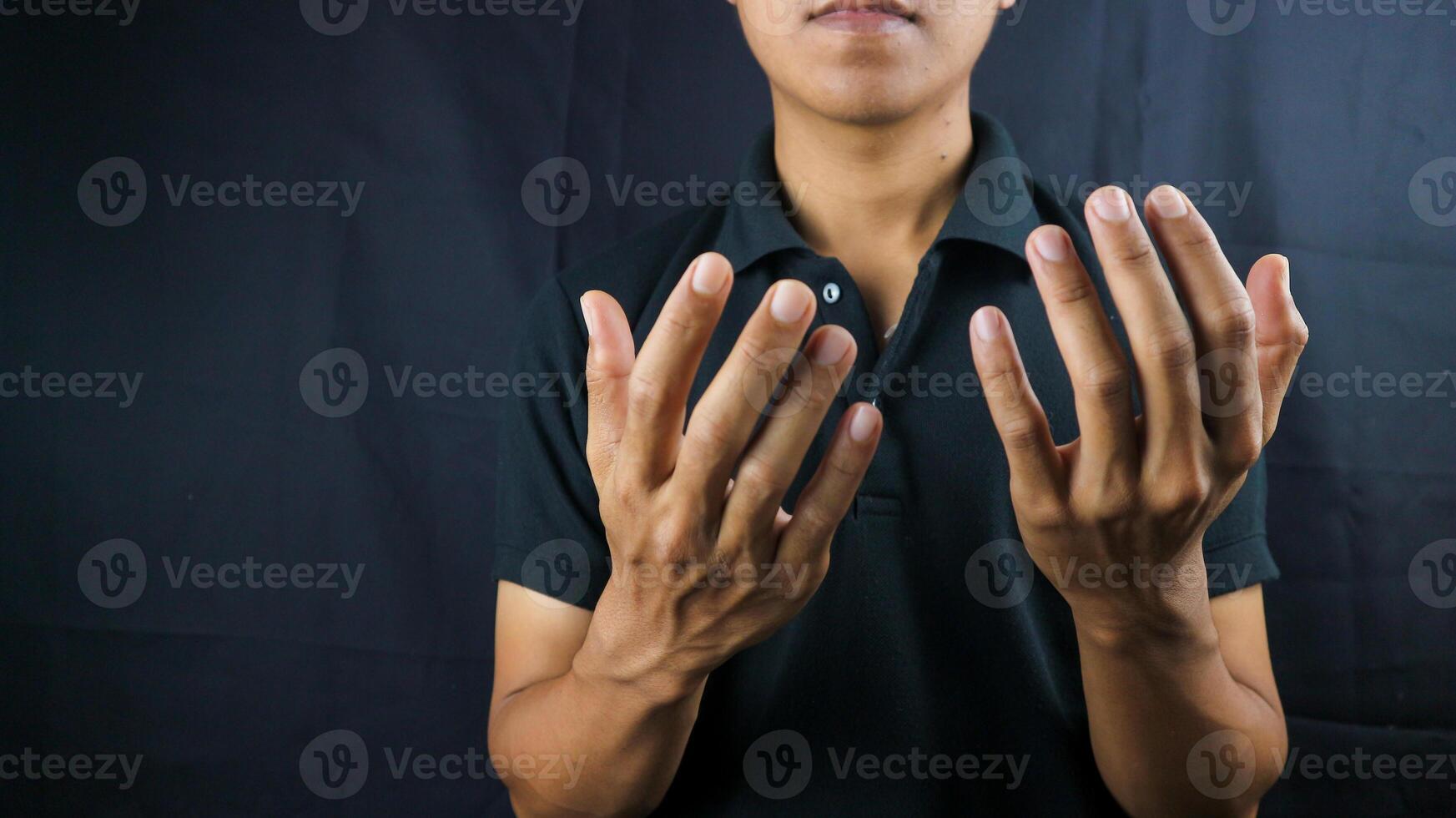 Praying hands with faith in religion and belief in God on blessing background. Power of hope or love and devotion. photo