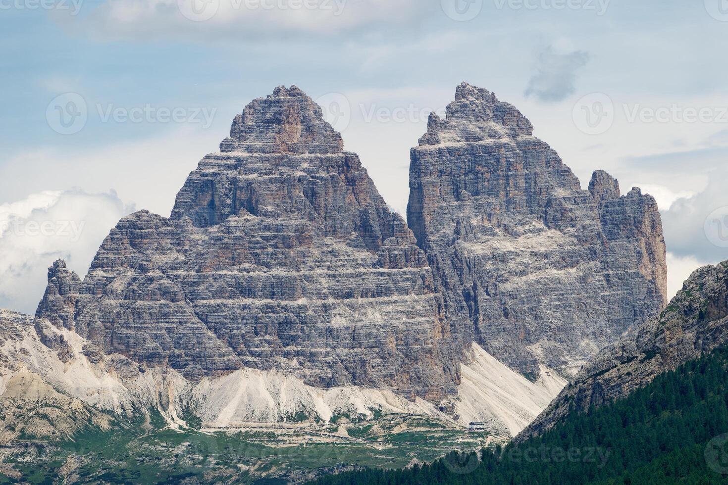 View of Tre Cime di Lavaredo mountain  in the Dolomites, Italy. Very famous places for hiking and rock climbing. photo