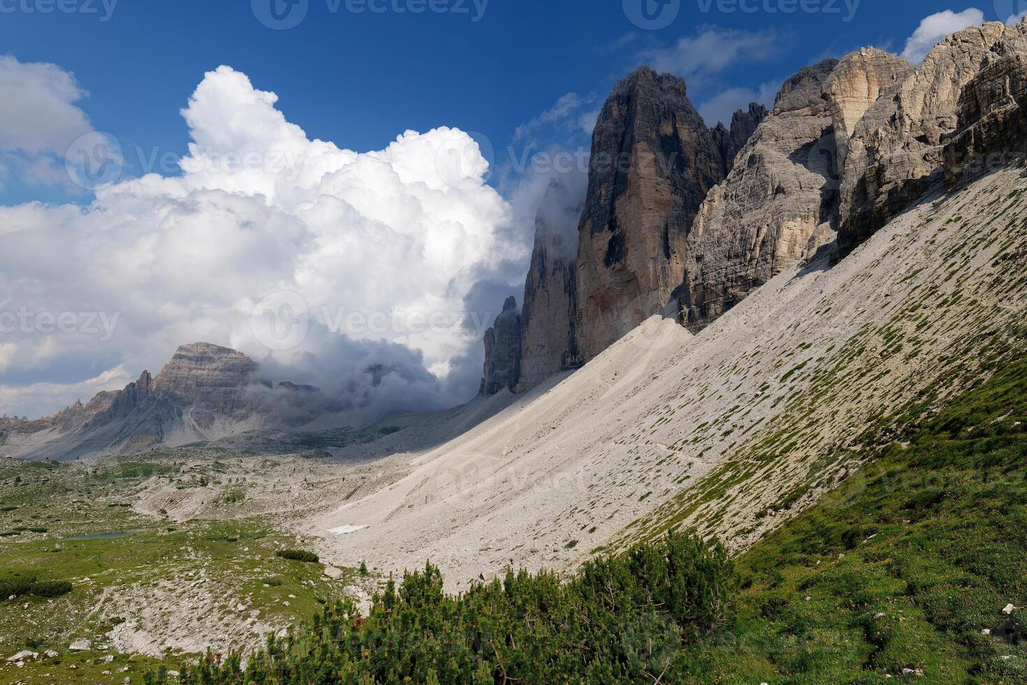 View of Tre Cime di Lavaredo mountain  in the Dolomites, Italy. Very famous places for hiking and rock climbing. photo