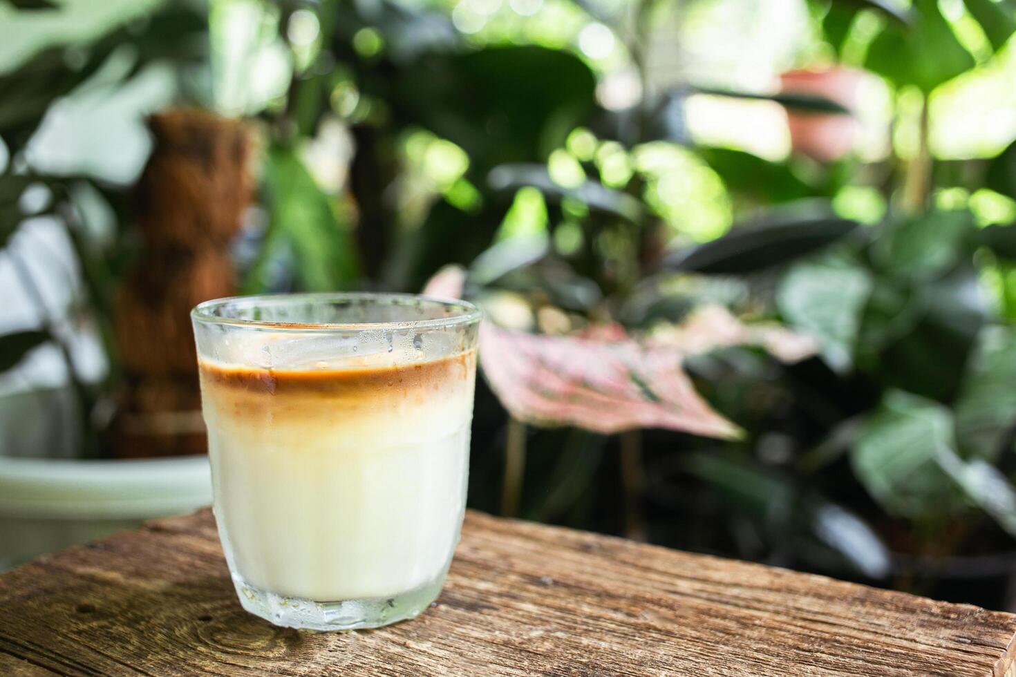 Dirty iced coffee menu. Placed on a wooden table. Green plants backdrop. Leave space for letters. photo