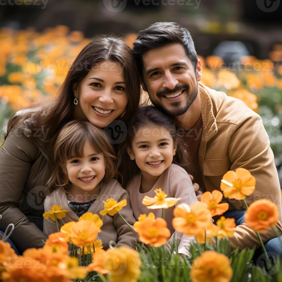 AI generated family in a sunny flowery field in springtime photo
