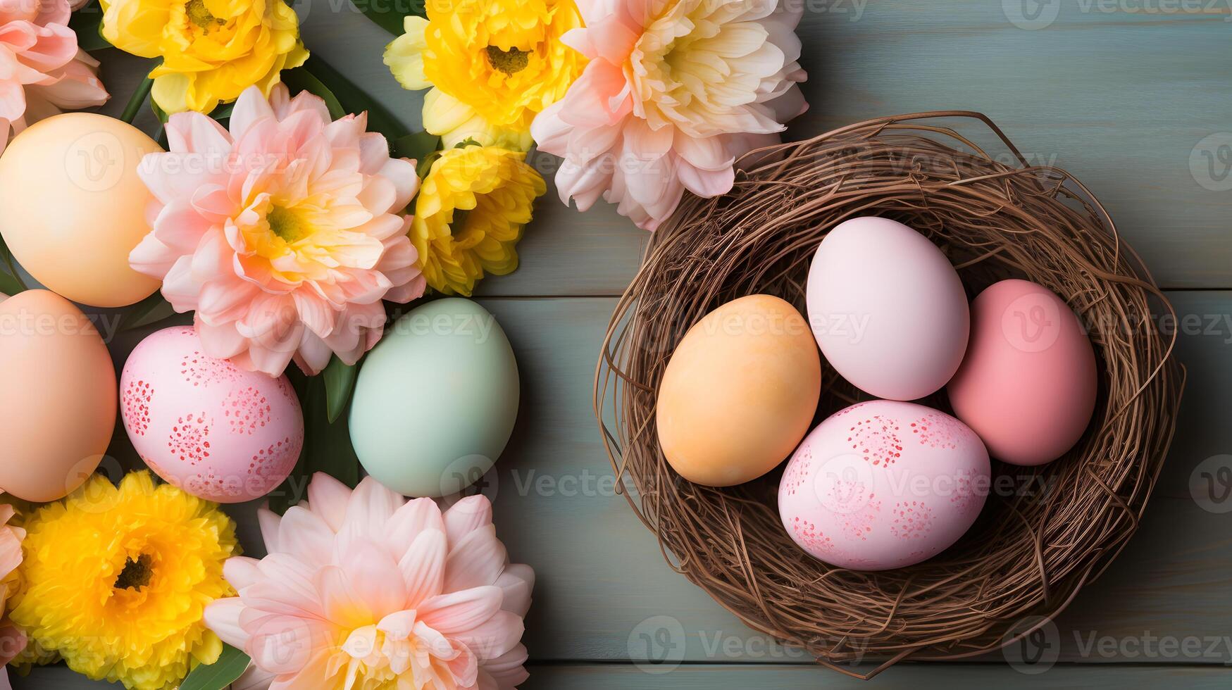 AI generated background for easter season with multicolored eggs, flowers, wood and space for placing texts photo