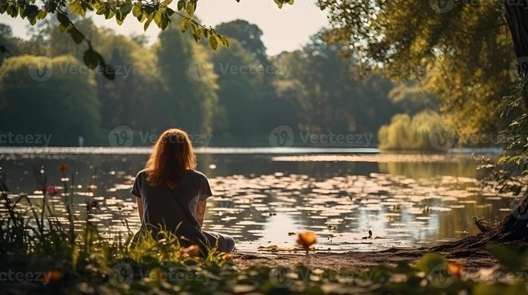 AI generated person enjoying the springtime on a sunny day by the lake sitting and watching the water photo