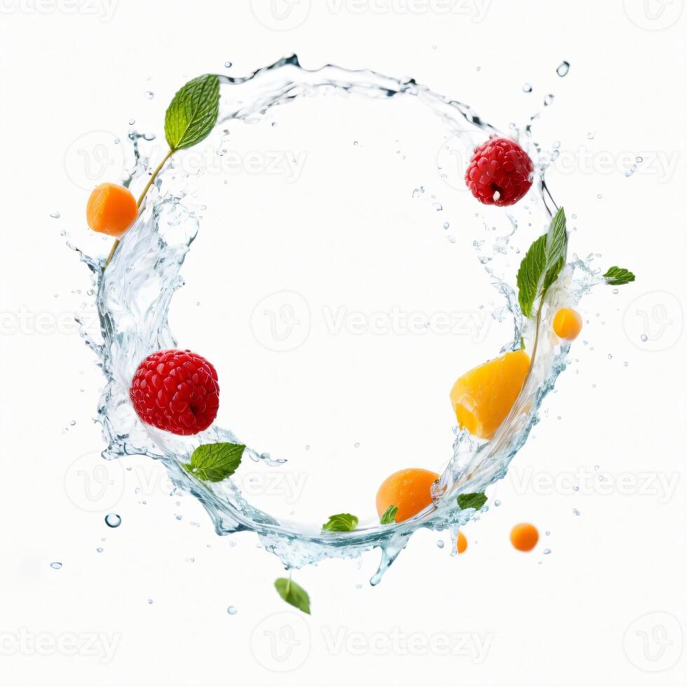 AI generated Splash with fruits, berries and fresh mint isolated on white photo