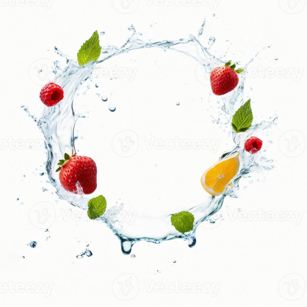 AI generated Splash with fruits, berries and fresh mint isolated on white photo