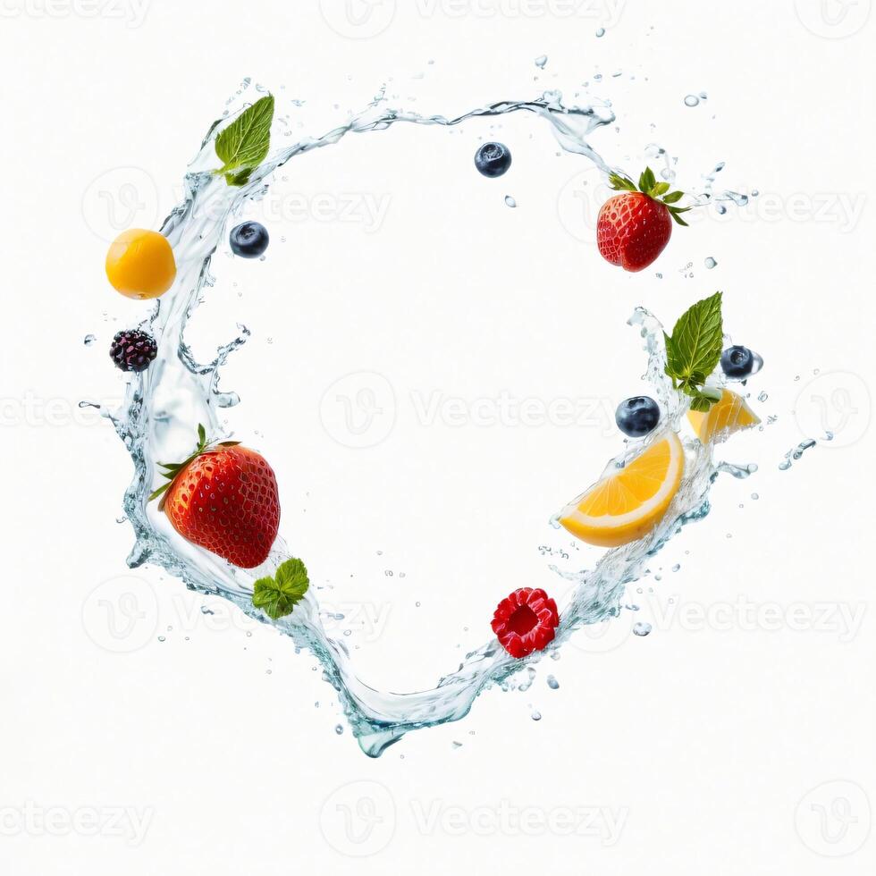 AI generated Splash with fruits, berries and fresh mint isolated on white photo