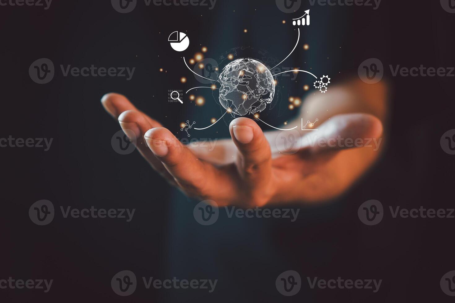 Big data and analytics visualization technology with scientist analyzing information structure on virtual screen, touching virtual icon. photo