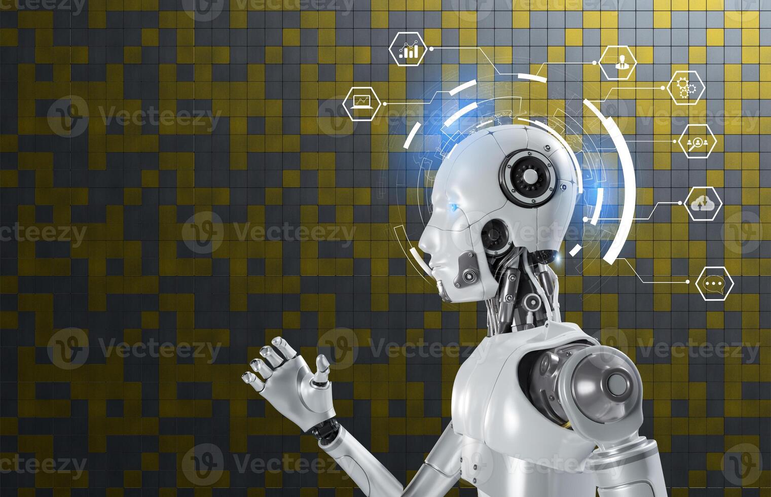White woman robot on blurred background using digital network connection 3D rendering photo