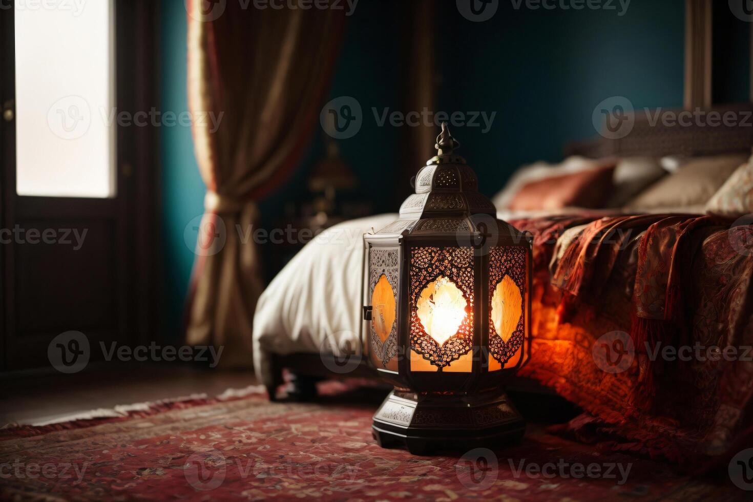 AI generated Ornamental Arabic lantern with burning candle glowing at night and glittering golden bokeh lights. Festive greeting card, invitation for Muslim holy month Ramadan Kareem. Dark background photo