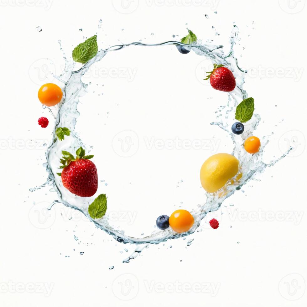 AI generated Splash with fruits, berries and fresh mint isolated on white photo