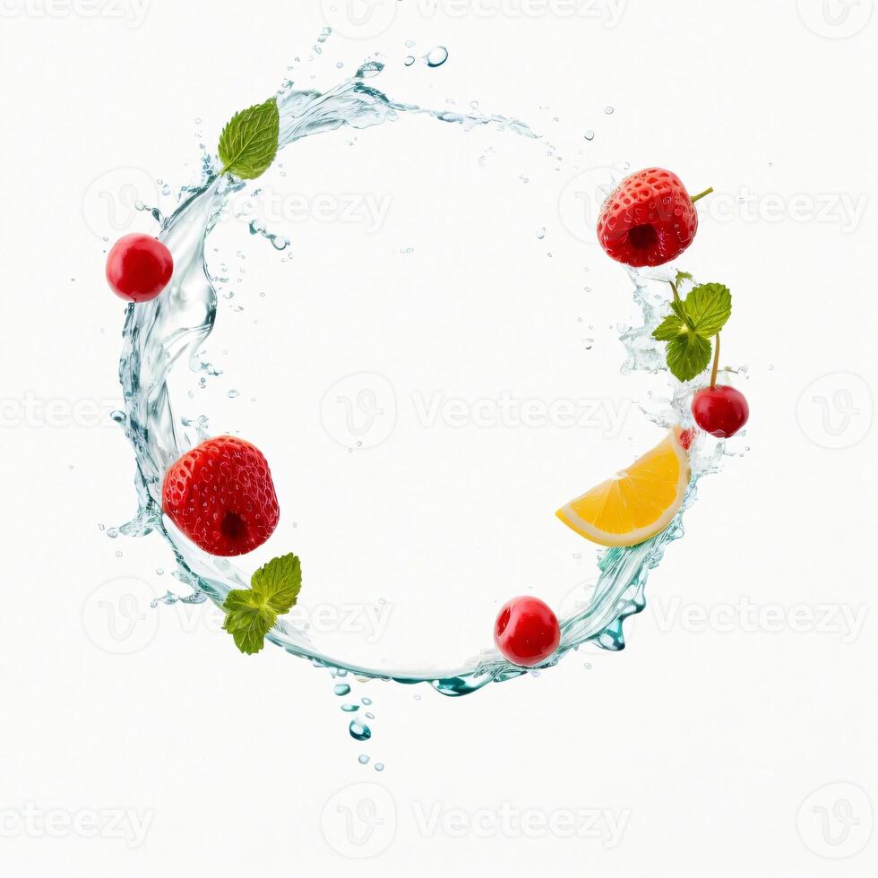 AI generated Splash with fruits, berries and fresh mint isolated on white photo