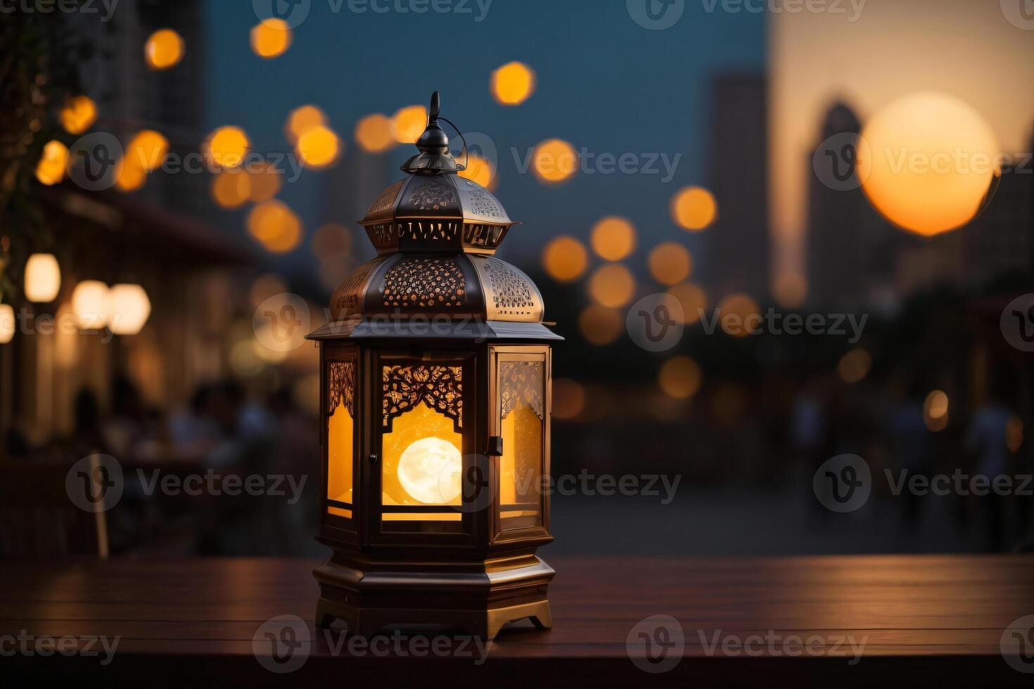 AI generated A lantern, softly lit by a candle, traditional customs observed during Ramadan Kareem. Wallpaper banner with copy space. photo