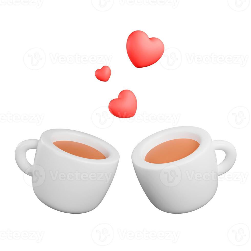 two cups of coffee with hearts, concept of having coffee together, cartoon coffee cups, 3d render photo