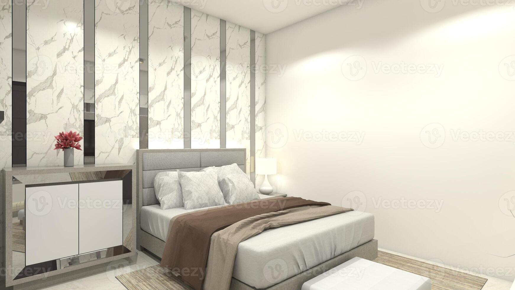 Modern Bedroom with Marble Wall Background and Side Table Cabinet, 3D Illustration photo