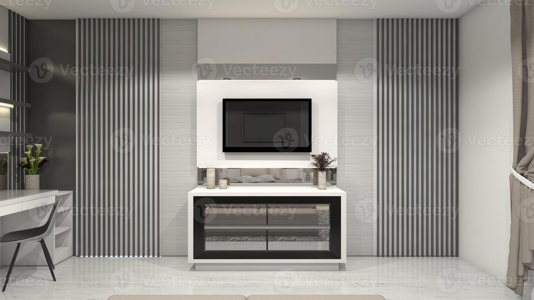 Minimalist TV Cabinet Design with Wall Panel Decoration Suitable for Interior Bedroom or Living Room, 3D Illustration photo