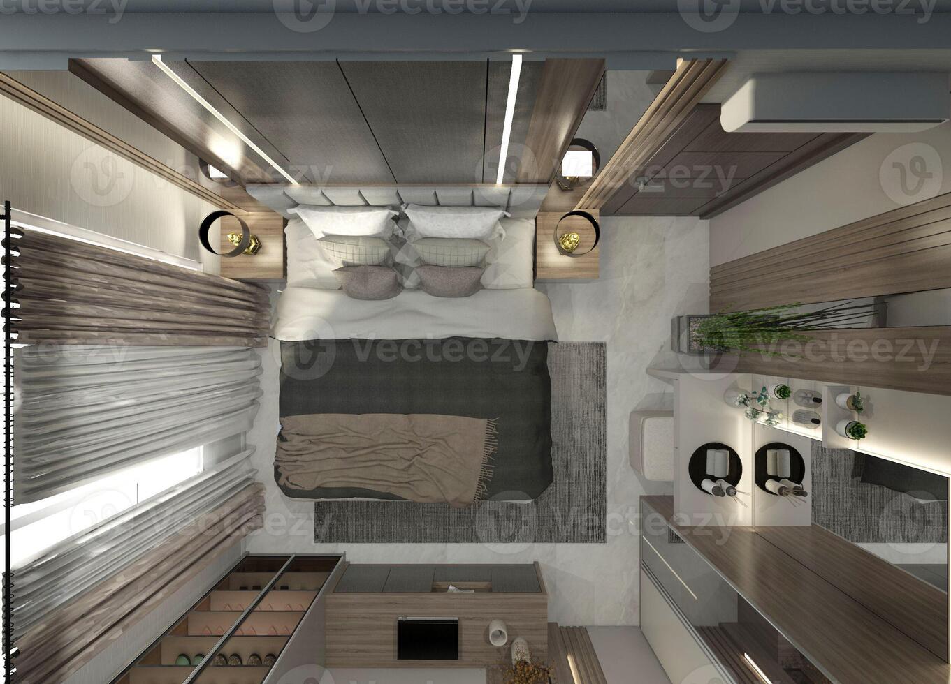 Maestro dormitorio diseño con de madera mobiliario, 3d ilustración foto
