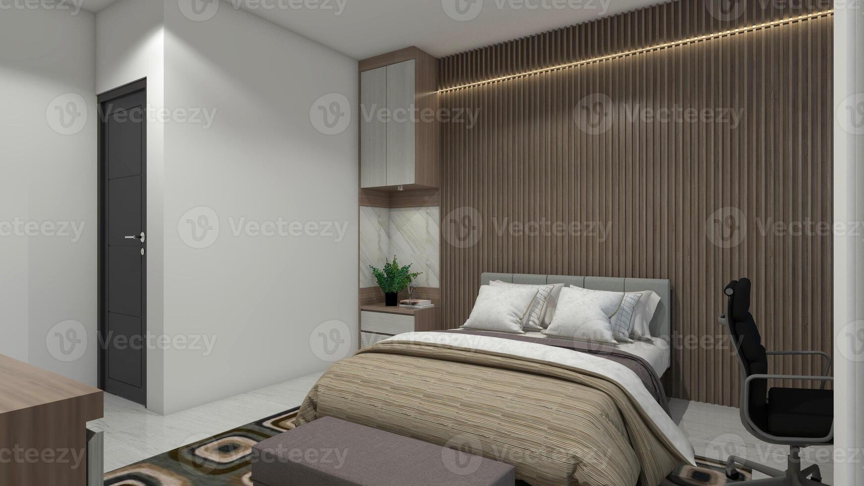 Modern Master Bedroom Design Using Comfortable Bed with Wall Background Panel, 3D Illustration photo