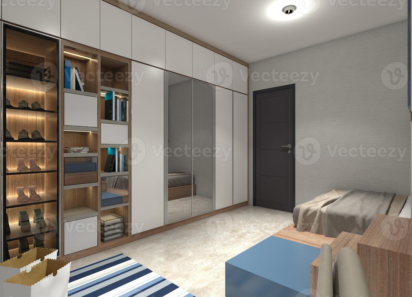 Modern Wooden Wardrobe with Display Cabinet, 3D Illustration photo