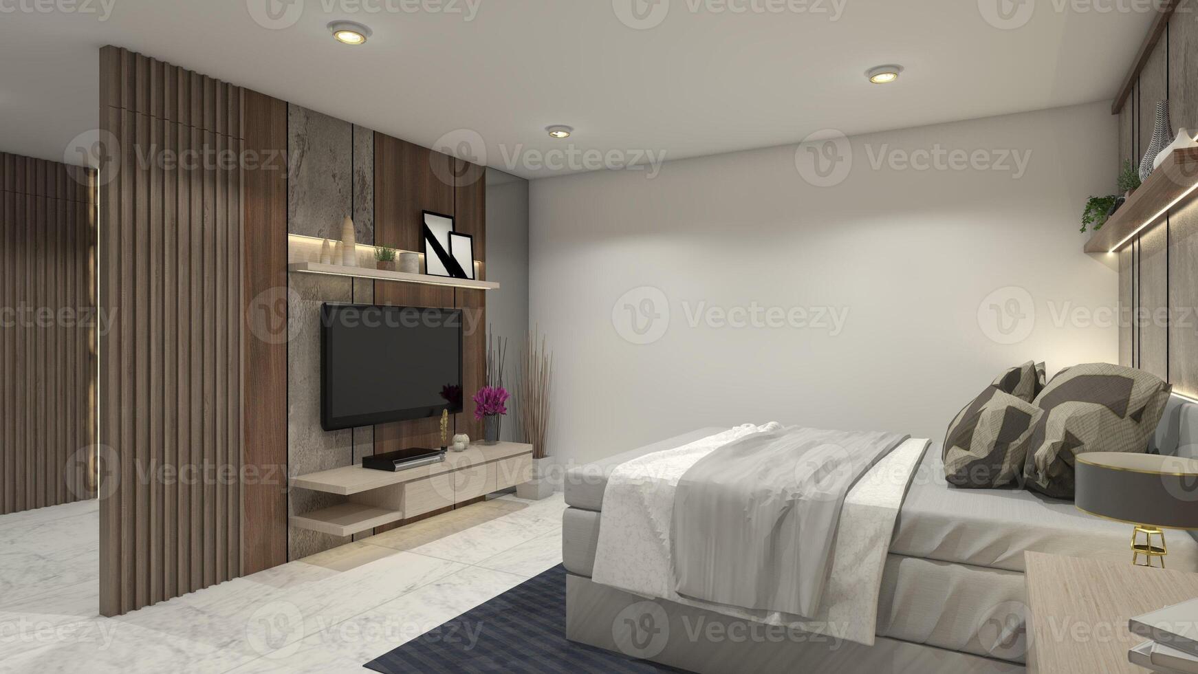 Modern and Luxury Master Bedroom Design with Tv Cabinet and King Cushion Bed photo