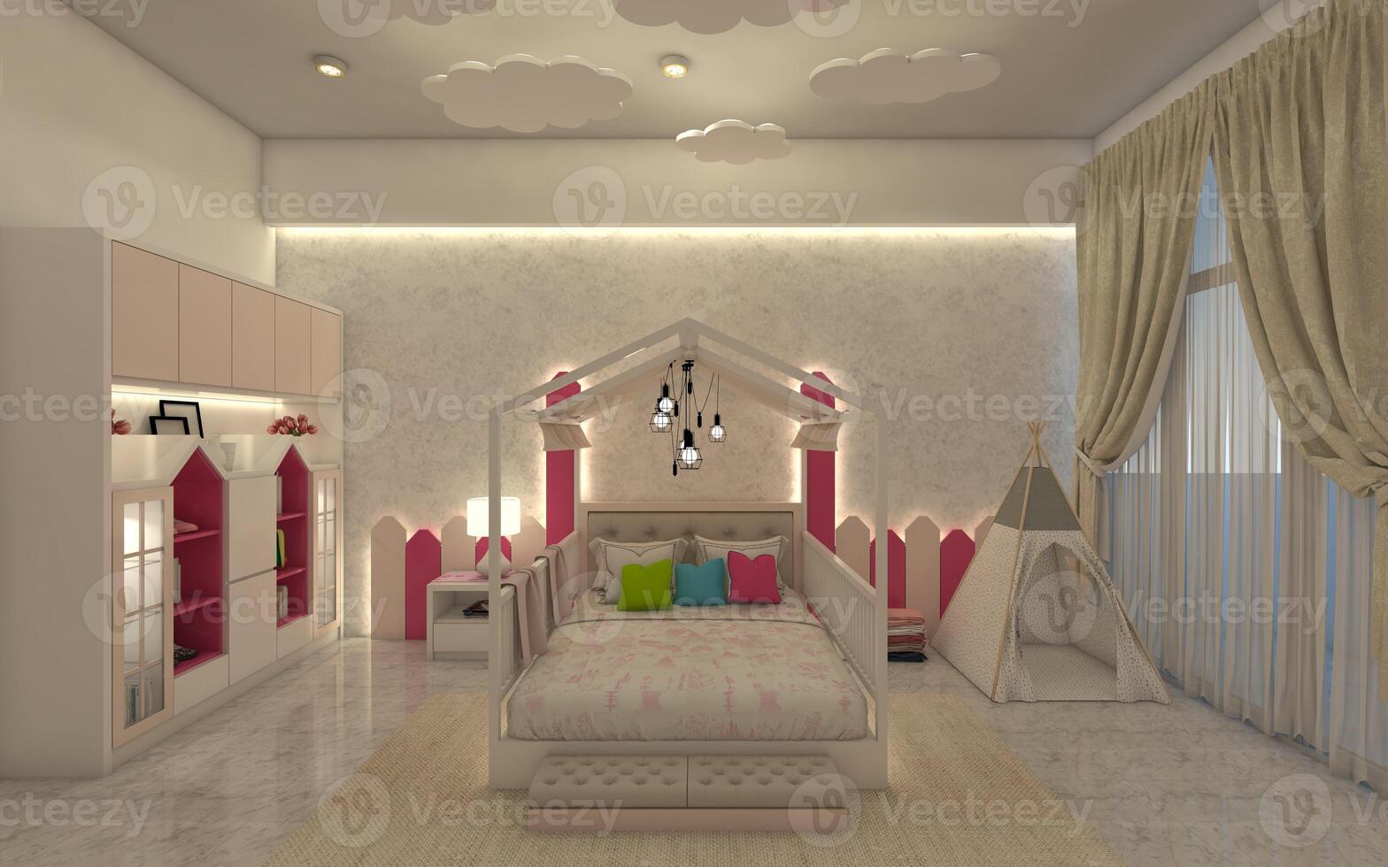 Kids Bedroom Design Using Toys Display Cabinet and White Color Pink Ornament Combination 3D Illustration photo