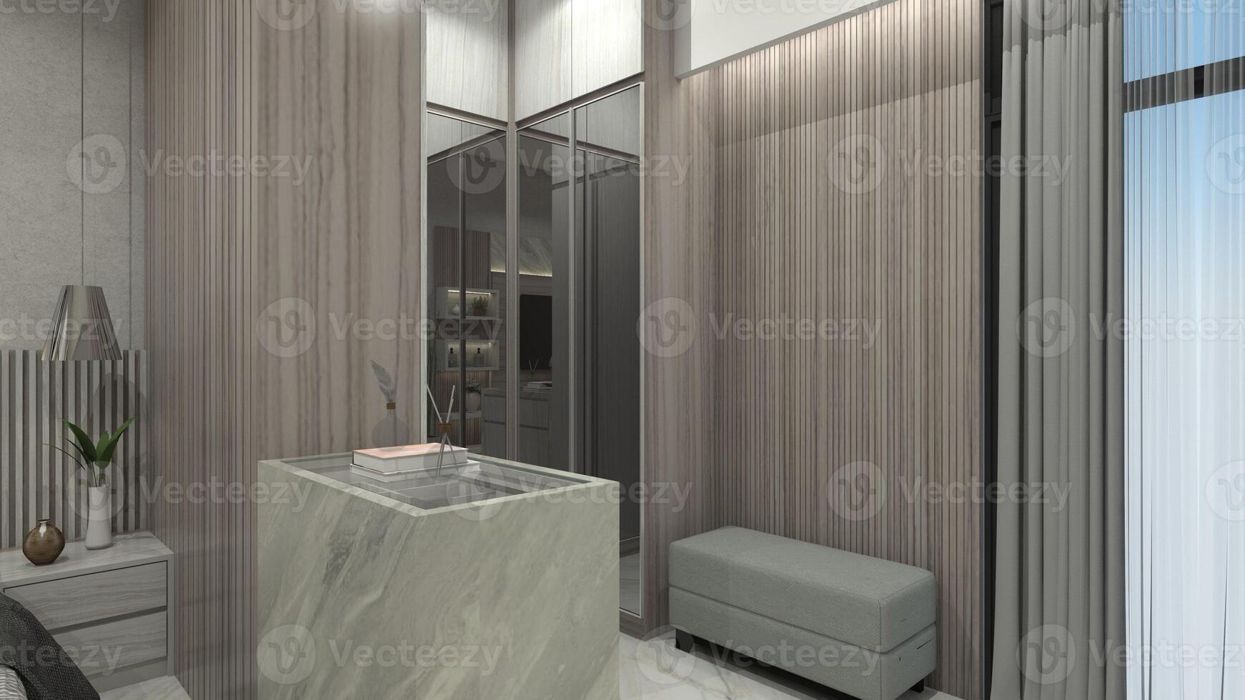 Modern Walk-in Closet Design with Accessories Display Table, 3D Illustration photo