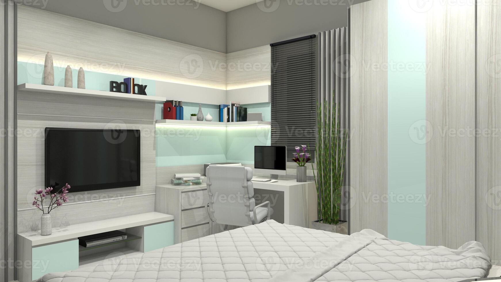 Modern Interior Bedroom with Tv Cabinet and Workspace, 3D Illustration photo