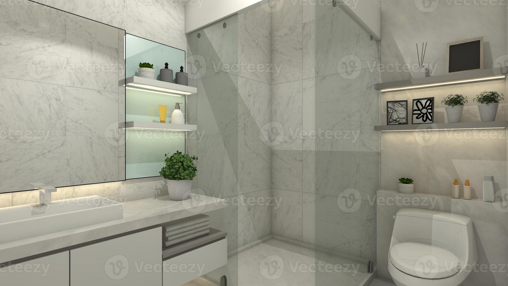 moderno y limpiar baño diseño, 3d ilustración foto