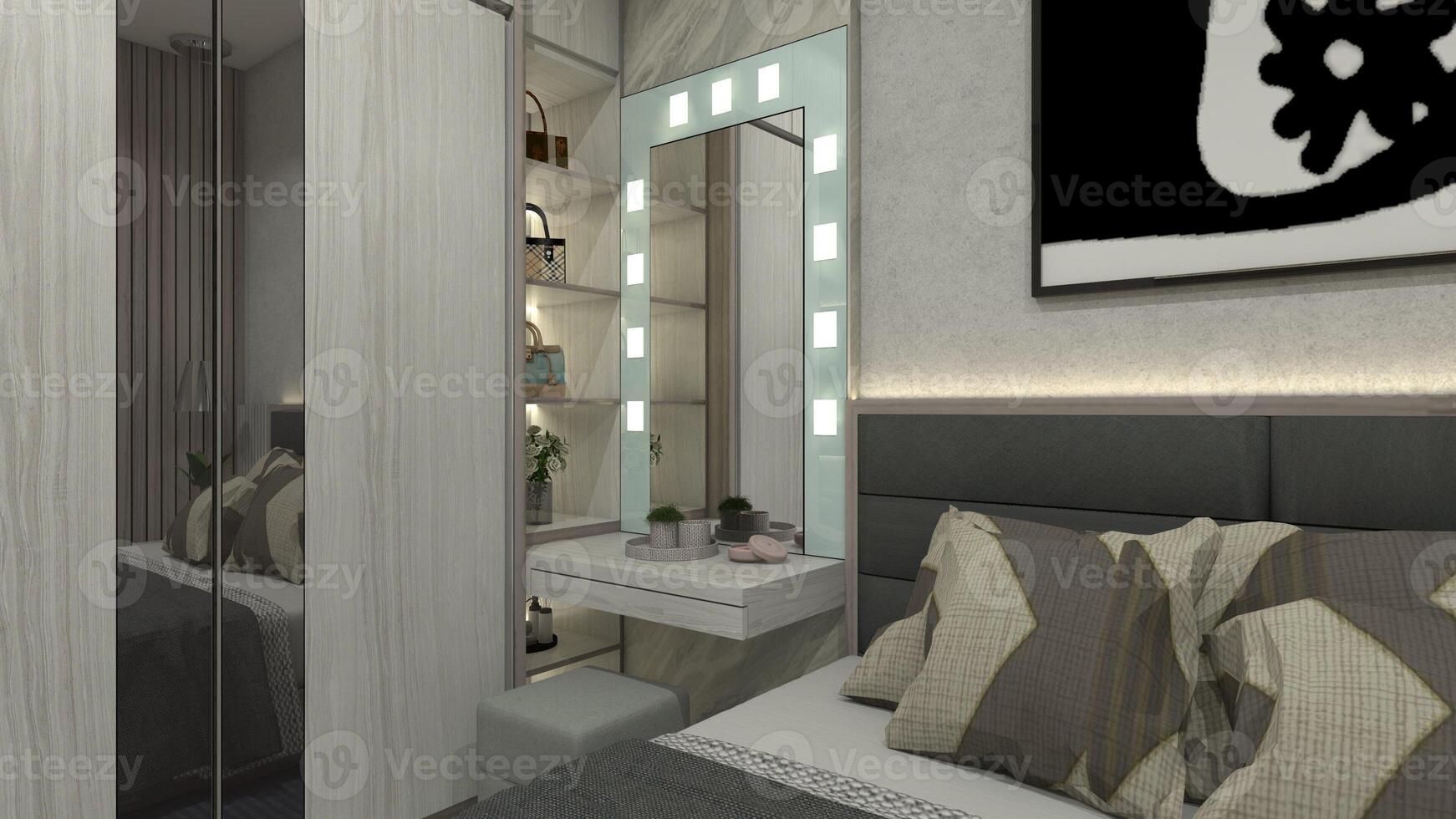 Modern and Luxury Dressing Table with Display Cabinet and Mirror, 3D Illustration photo