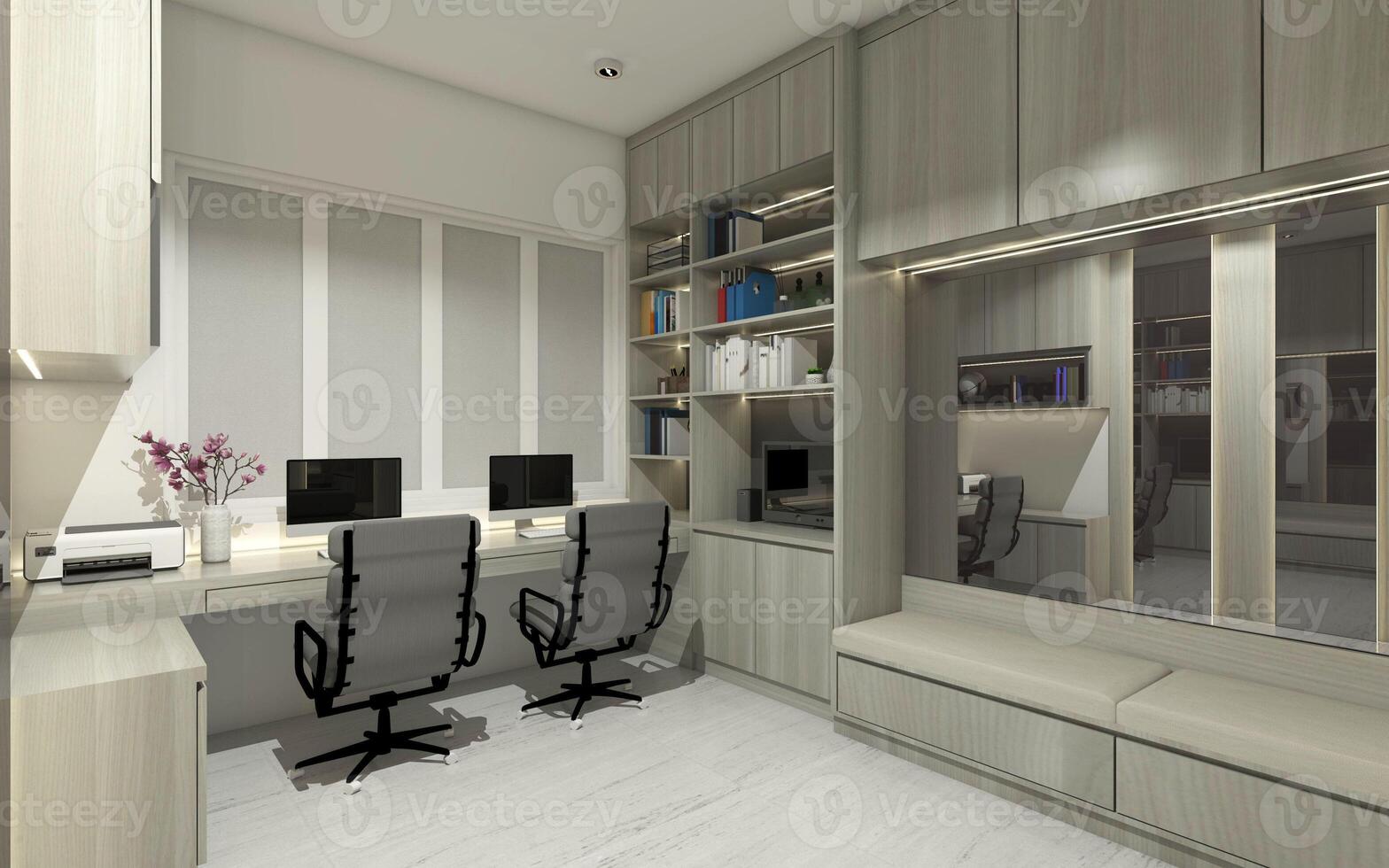 Minimalist Workspace Design with Storage Cabinet and Cushion Bench 3D Illustration photo