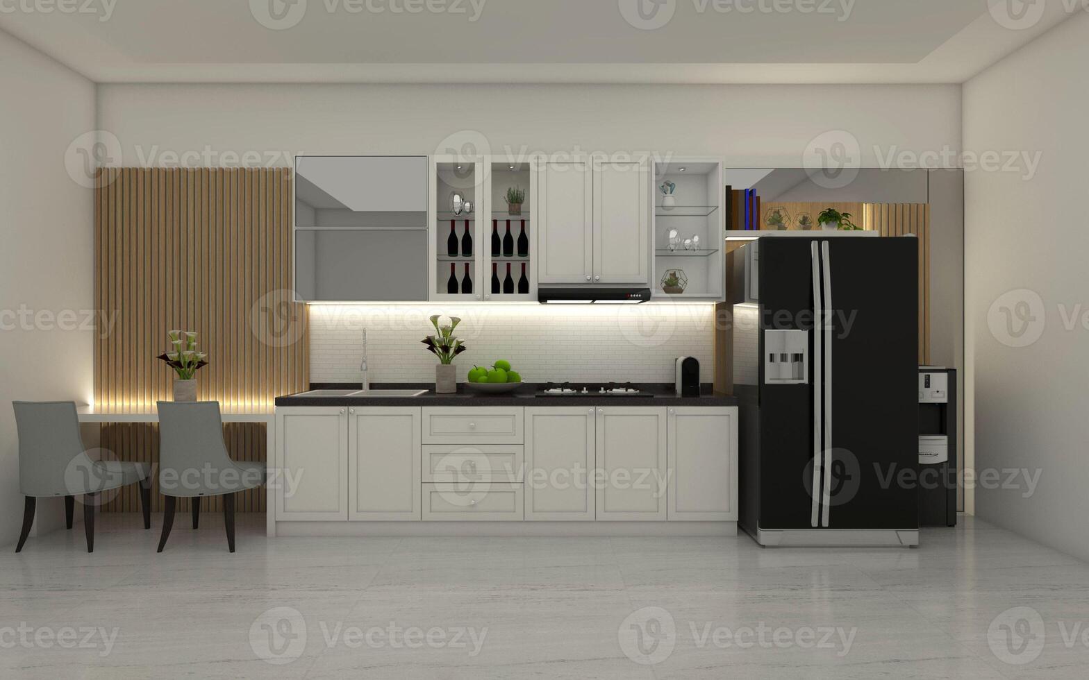 Modern Kitchen Design Using White Counter Kitchen and Simple Bar Table with Wooden Panel 3D Illustration photo