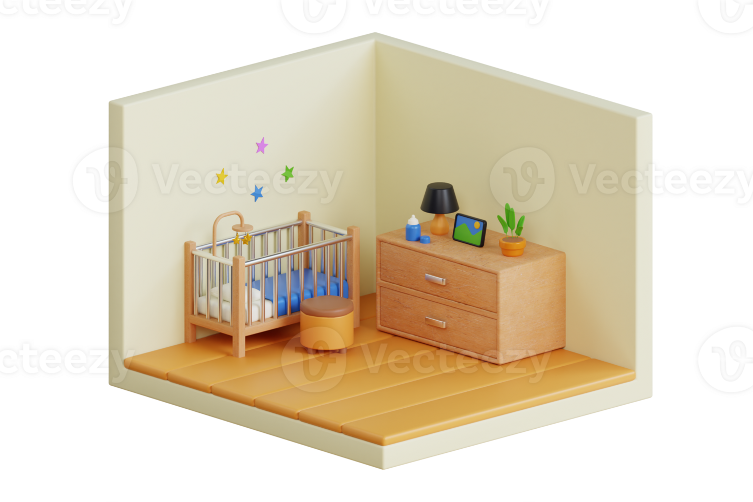 Children bedroom 3d illustration. Cozy Kids Bedroom Interior 3D Illustration. Cute empty toddler nursery apartment design png
