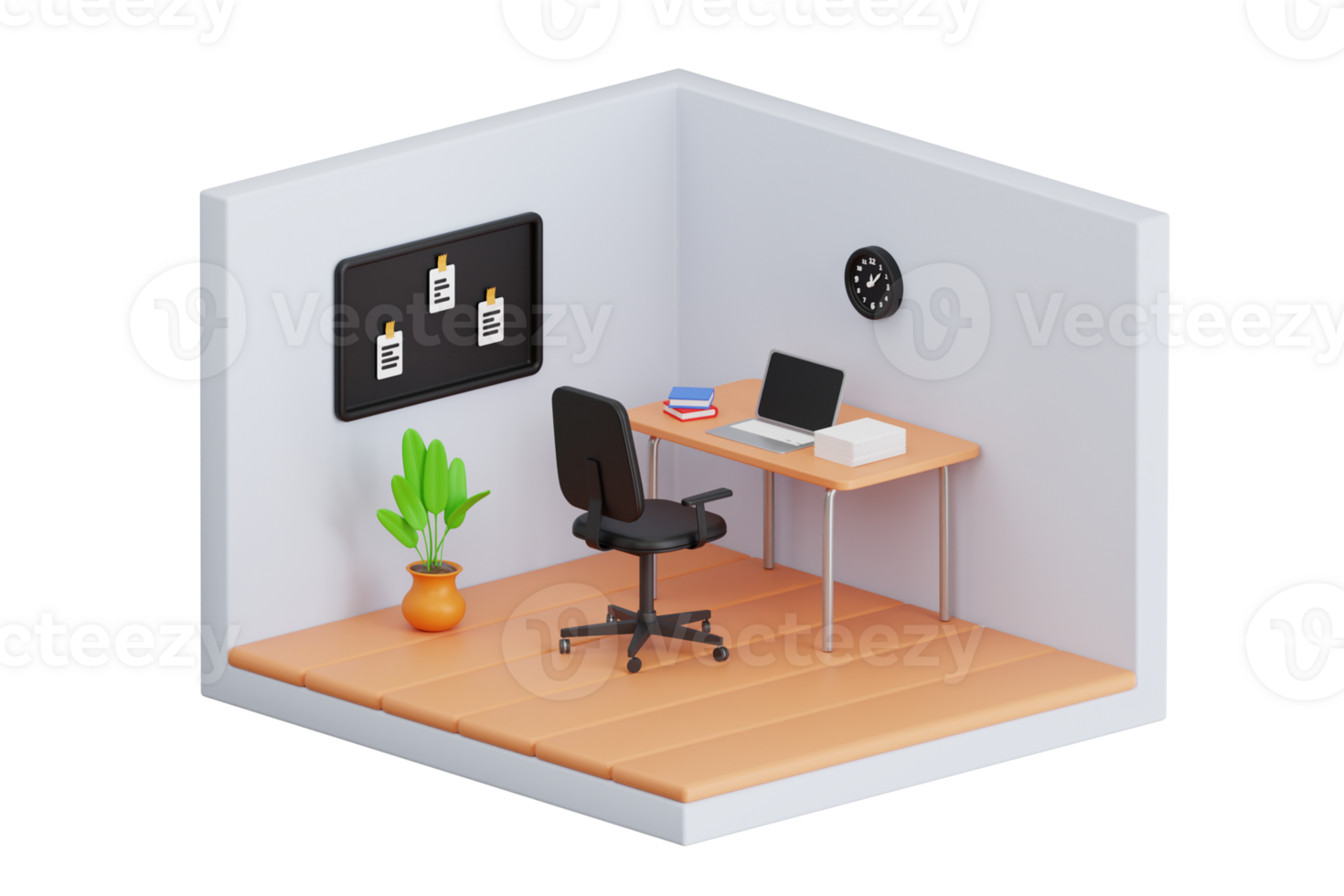 working space 3d illustration. working space interior with laptop on wood table, chair and house plants. 3d illustration png