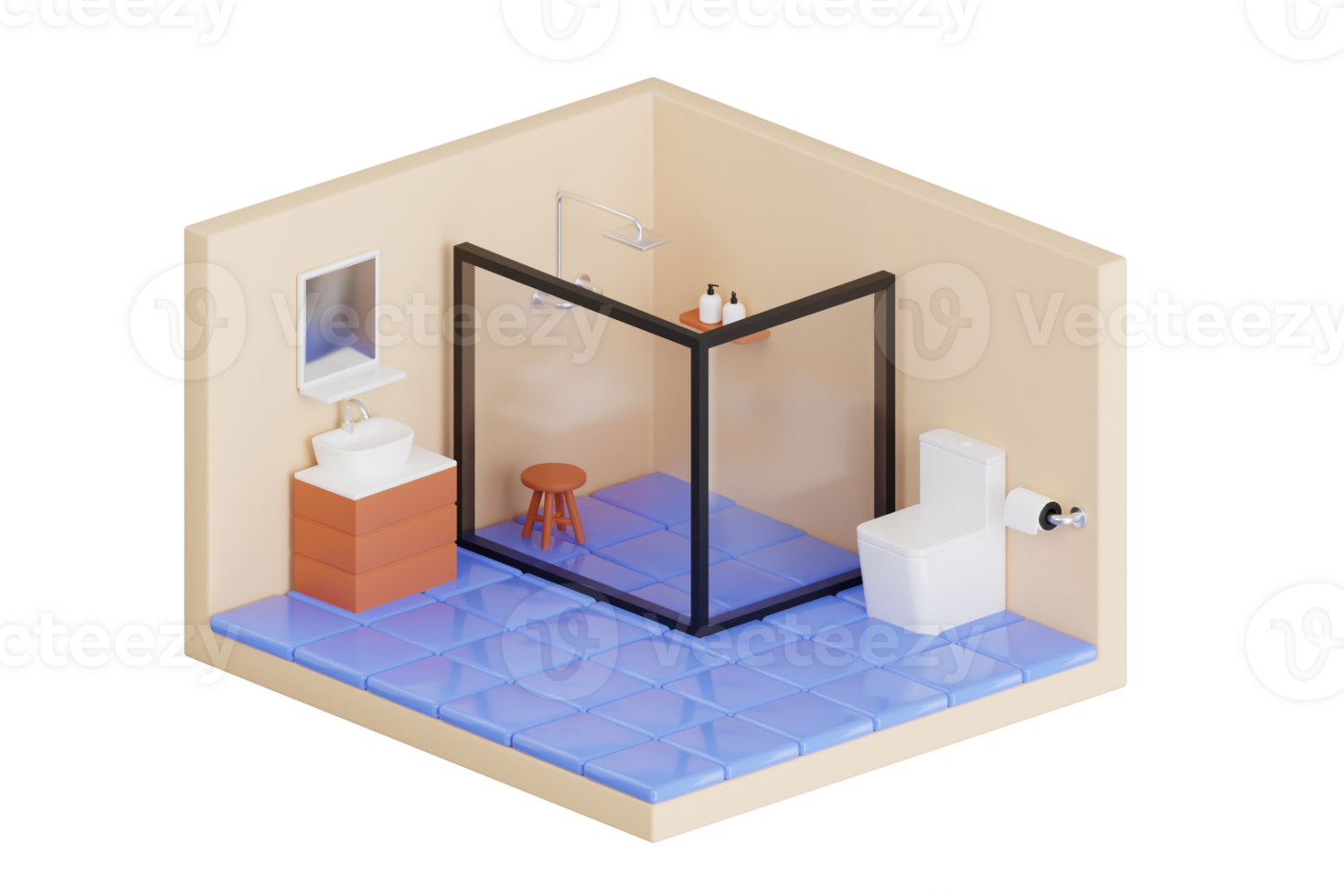 Bathroom 3D Illustration. Isometric view bathroom open inside interior architecture 3d illustration png