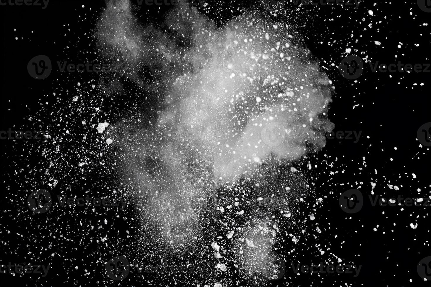 Bizarre forms of white powder explosion cloud against black background.White dust particles splash. photo