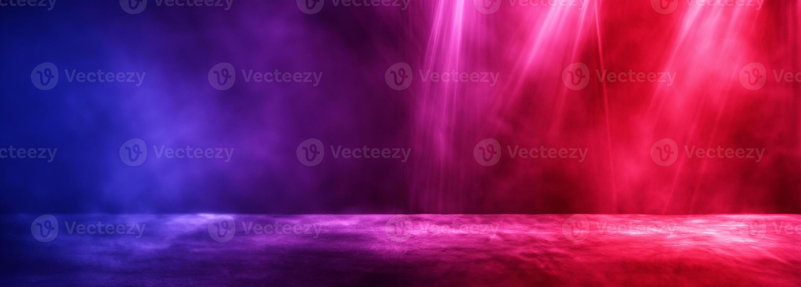 Empty space of Studio dark room with fog or mist and lighting effect red and blue on concrete floor gradient background. photo