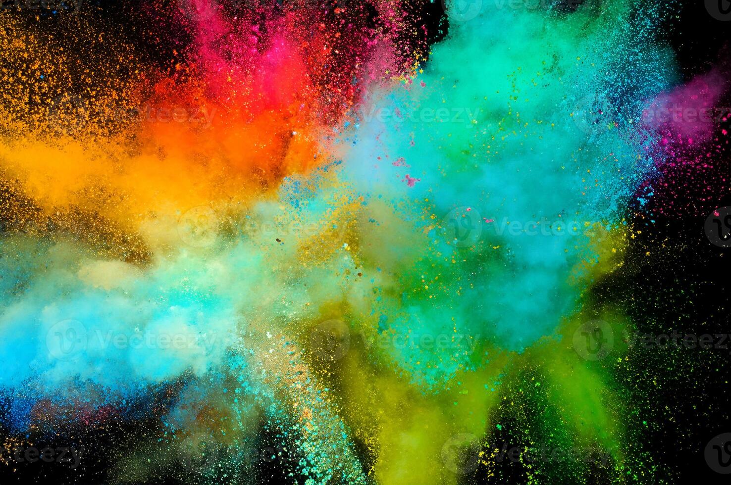 Colored powder explosion. Abstract closeup dust on backdrop. Colorful explode. Paint holi photo