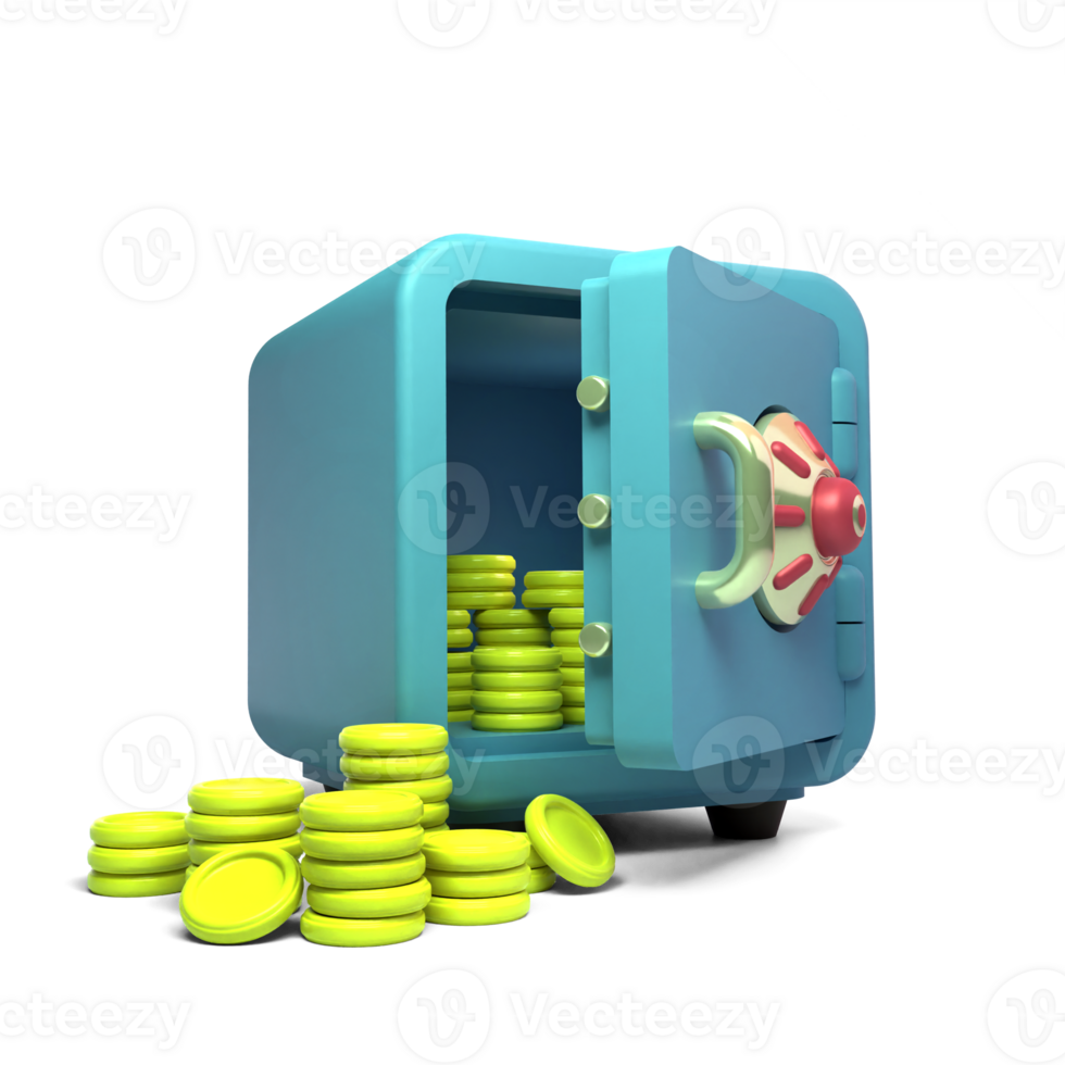 Open bank vault with gold coins 3d realistic icon. Financial growth of savings and protection of money savings. 3d render icon png