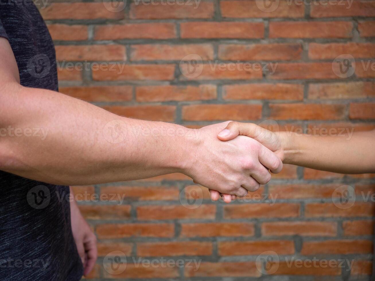 Close-up of shaking hands between man and woman with brick background. Unity Concept. photo