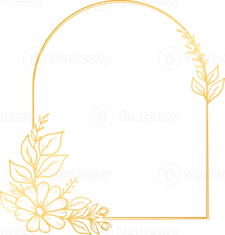 Golden arch floral frame with hand drawn leaves simple and minimalist frame design png