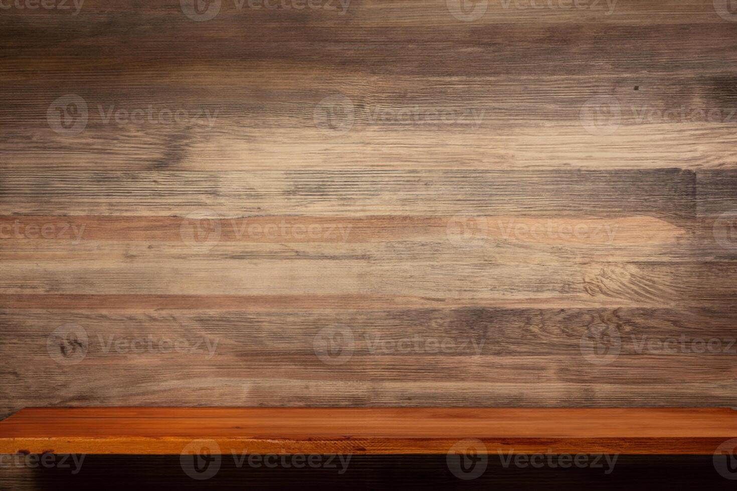 Wooden shelf and wood background of wall texture. Brown book shelf at wall background photo