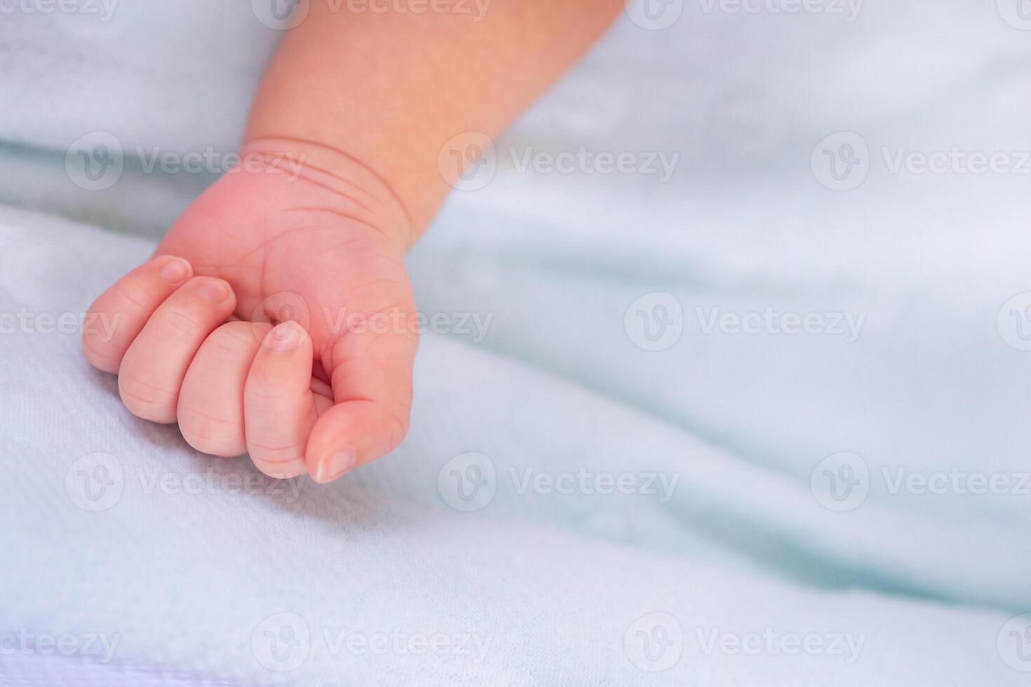 Little hand of newborn baby on a white blanket photo