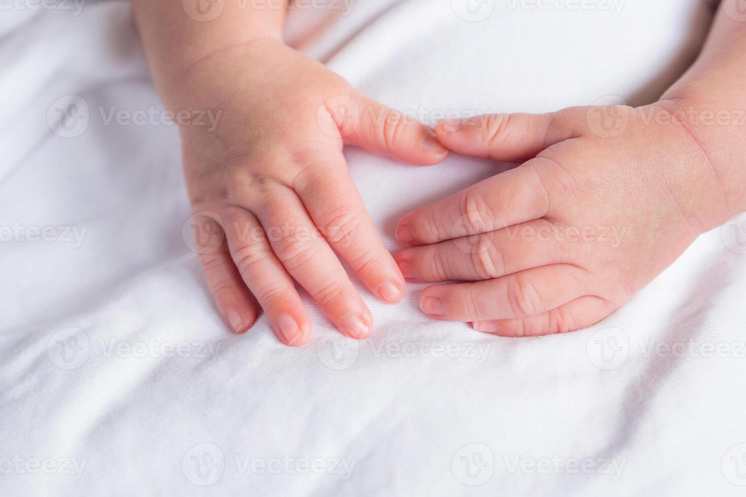 Hands of newborn baby on white cloth photo