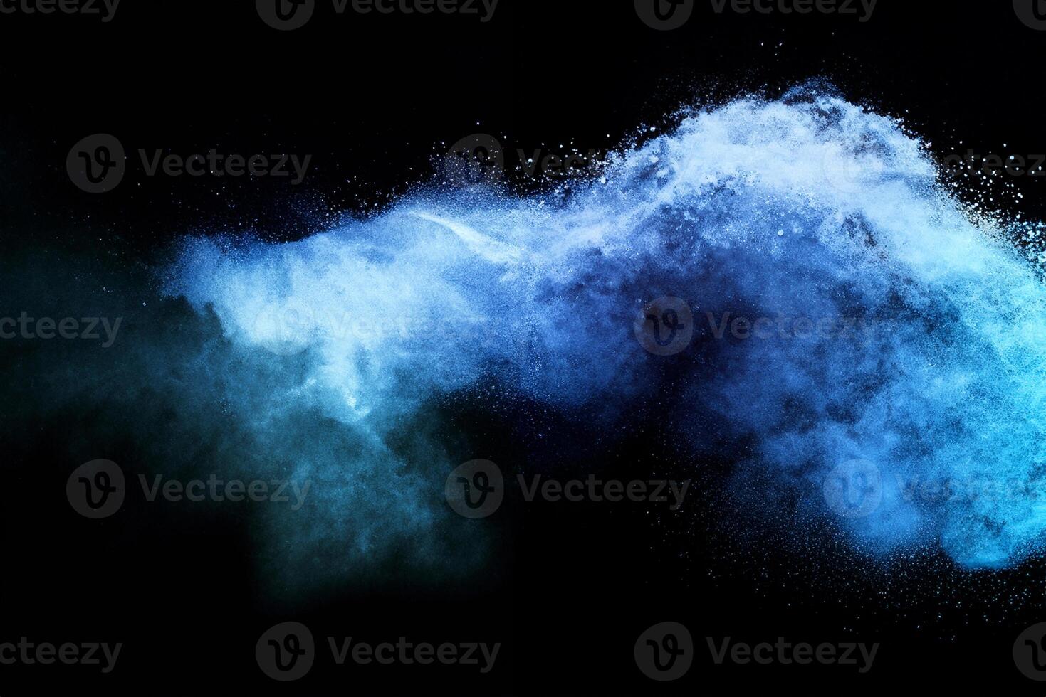 Abstract brown powder explosion. Closeup of blue dust particle splash isolated on black background. photo