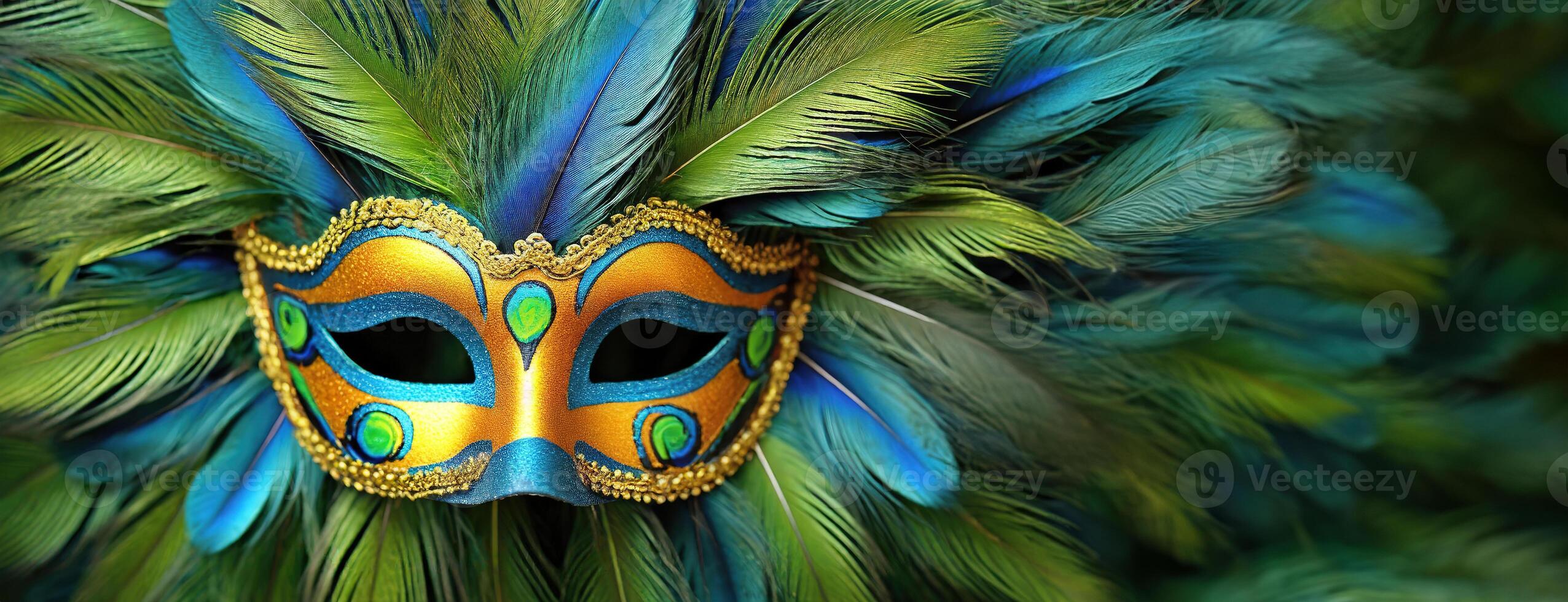 AI Generated Mystique of Carnival. A Vivid Masquerade of Feathers and Festivity, Inviting Revelry. Vibrant mask adorned with peacock feathers, its colors symbolizing the spirited joy and cultural photo