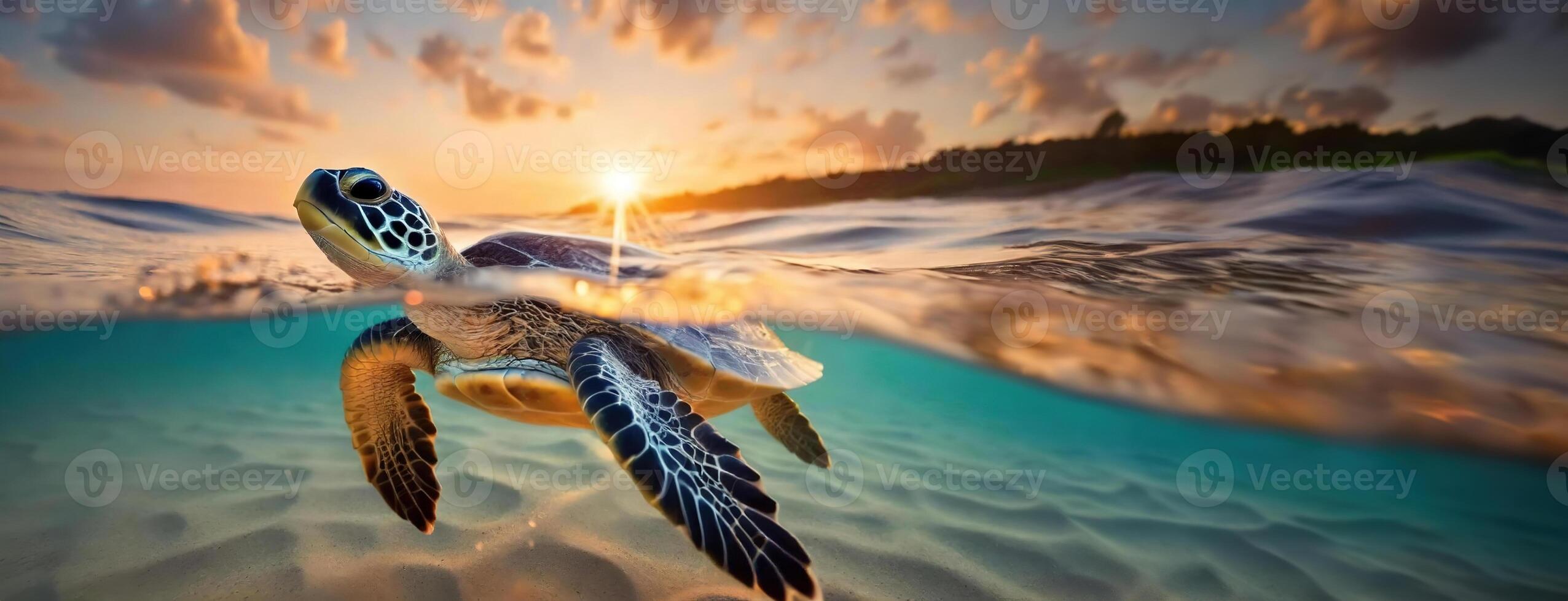 AI Generated Sea turtle swimming in the ocean at sunset with light rays and waves. Underwater view of reptile in sea water. Panorama with copy space. photo