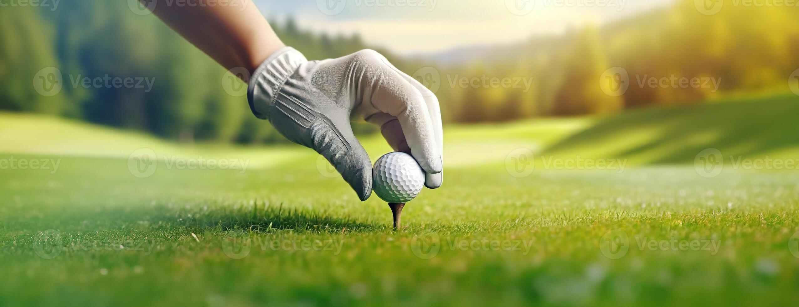 ai generado un de golfista mano colocación un golf pelota en un tee en un soleado, lozano verde curso. preparación para el comienzo de el juego. panorama con Copiar espacio. foto